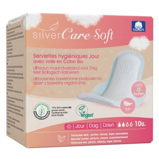 Silver Care Soft, ultracienkie bawełniane podpaski, ze skrzydełkami, na dzień, 10 sztuk - zdjęcie produktu