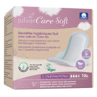 Silver Care Soft, ultracienkie bawełniane podpaski, ze skrzydełkami, na noc, 10 sztuk - zdjęcie produktu