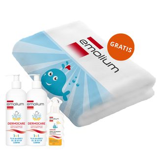 Zestaw Emolium Dermocare 3w1, płyn do kąpieli, żel do mycia, szampon, 2 x 400 ml + spray ochronny dla dzieci od 1 roku życia, SPF 50+, 175 ml + ręcznik gratis - zdjęcie produktu