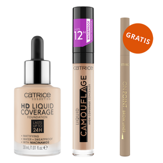 Zestaw Catrice HD Liquid Coverage Foundation 24H, podkład kryjący w płynie, 010 Light Beige, 30 ml + korektor do twarzy w płynie, 010 Porcellain, 5 ml + liner do brwi gratis - zdjęcie produktu