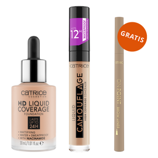 Zestaw Catrice HD Liquid Coverage Foundation 24H, podkład kryjący w płynie, 020 Rose Beige, 30 ml + korektor do twarzy w płynie, 020 Light Beige, 5 ml + liner do brwi gratis - zdjęcie produktu