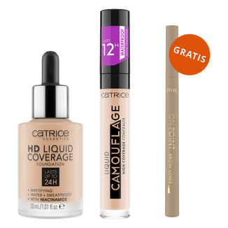 Zestaw Catrice HD Liquid Coverage Foundation 24H, podkład kryjący w płynie, 030 Sand Beige, 30 ml + korektor do twarzy w płynie, 005 Light Natural, 5 ml + liner do brwi gratis - zdjęcie produktu