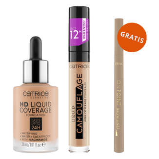 Zestaw Catrice HD Liquid Coverage Foundation 24H, podkład kryjący w płynie, 040 Warm Beige, 30 ml + korektor do twarzy w płynie, 015 Honey, 5 ml + liner do brwi gratis - zdjęcie produktu