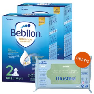 Zestaw Bebilon Advance Pronutra 2, mleko następne, powyżej 6 miesiąca, 2 x 1000 g + Mustela chusteczki nawilżane, 60 sztuk gratis - zdjęcie produktu