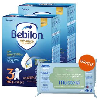 Zestaw Bebilon Advance Pronutra 3 Junior, odżywcza formuła na bazie mleka, po 1 roku, 2 x 1000 g + Mustela chusteczki nawilżane, 60 sztuk gratis - zdjęcie produktu