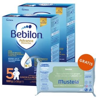 Zestaw Bebilon Advance Pronutra 5 Junior, odżywcza formuła na bazie mleka, dla przedszkolaka, 2 x 1000 g + Mustela chusteczki nawilżane, 60 sztuk gratis - zdjęcie produktu