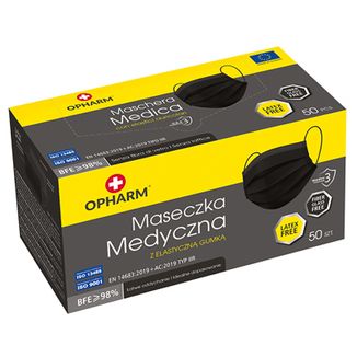 Opharm, maska medyczna, jednorazowa, 3-warstwowa, typ IIR, czarna, 50 sztuk - zdjęcie produktu