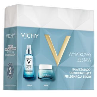 Zestaw Vichy Mineral 89, booster wzmacniająco-nawilżający z kwasem hialuronowym, 50 ml +  bogaty krem nawilżająco-odżywczy, 100h, 50 ml - zdjęcie produktu