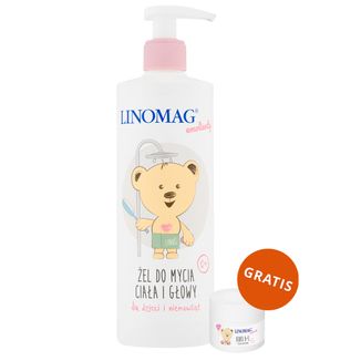 Linomag Emolienty, żel do mycia ciała i głowy dla dzieci i niemowląt od 1 dnia życia, 400 ml + krem ochronny, 15 ml gratis - zdjęcie produktu