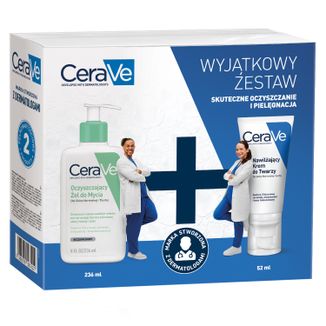 Zestaw CeraVe oczyszczający żel do mycia z ceramidami, skóra normalna i tłusta, 236 ml + nawilżający krem z ceramidami do twarzy, skóra normalna i sucha, 52 ml - zdjęcie produktu