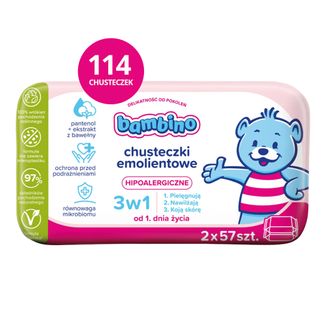 Bambino, chusteczki emolientowe 3w1, dwupak, 2 x 57 sztuk - zdjęcie produktu