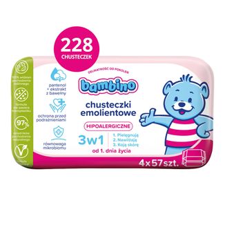 Bambino, chusteczki emolientowe 3w1, czteropak, 4 x 57 sztuk - zdjęcie produktu