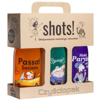 Zestaw LaQ Shots! Czyściopak dla Niego, żel pod prysznic, Passat Sąsiada, 500 ml + Błękit Paryża, 500 ml + Szwagier, 500 ml - zdjęcie produktu