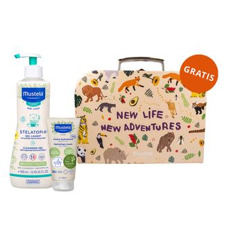 Zestaw Mustela Stelatopia, żel do mycia ciała od urodzenia, 500 ml + krem nawilżający do twarzy i ciała, od urodzenia, 150 ml + walizka, 1 sztuka gratis - zdjęcie produktu