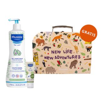 Zestaw Mustela Bebe Enfant, delikatny żel do mycia ciała i głowy, od urodzenia, 750 ml + krem do przewijania, 75 ml + walizka, 1 sztuka gratis - zdjęcie produktu