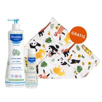 Zestaw Mustela Bebe Enfant Hydra Bebe, mleczko do ciała, od urodzenia, 750 ml + szampon dla dzieci, od 1 dnia życia, 200 ml + pieluszka bambusowa gratis - zdjęcie produktu