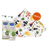 Zestaw Mustela Bio, żel do mycia ciała i włosów, 400 ml + woda micelarna, bez spłukiwania, 400 ml + pieluszka bambusowa gratis - miniaturka zdjęcia produktu