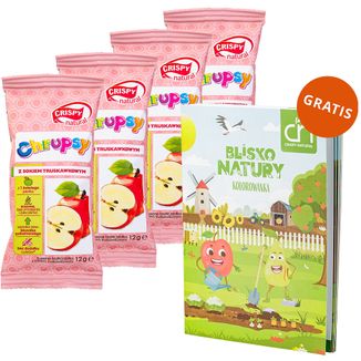 Zestaw Crispy Natural Chrupsy, suszone kostki z jabłka z sokiem truskawkowym, 4 x 12 g + kolorowanka Blisko Natury gratis - zdjęcie produktu