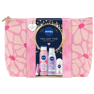 Zestaw Nivea You Got This, żel pod prysznic, 300 ml + płyn micelarny, 200 ml + antyperspirant roll-on, 50 ml + pomadka, 1 sztuka + kosmetyczka gratis - zdjęcie produktu