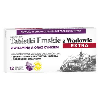Tabletki Emskie z Wadowic Extra z witaminą A oraz cynkiem, od 6 lat, smak czarna porzeczka z cytryną, 12 tabletek do ssania KRÓTKA DATA - zdjęcie produktu
