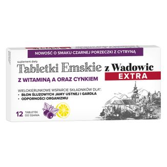 Tabletki Emskie z Wadowic Extra z witaminą A oraz cynkiem, od 6 lat, smak czarna porzeczka z cytryną, 12 tabletek do ssania - zdjęcie produktu