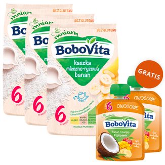 Zestaw BoboVita Kaszka mleczno-ryżowa, banan, bezglutenowa, po 6 miesiącu, 3 x 230 g + mus w tubce, banan z mango i kokosem, 2 x 80 g gratis - zdjęcie produktu