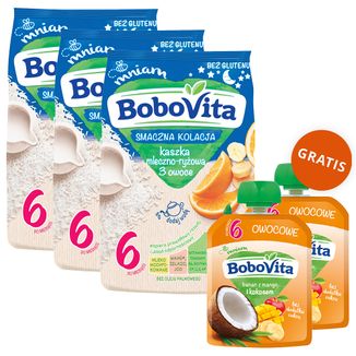 Zestaw BoboVita Smaczna Kolacja Kaszka mleczno-ryżowa, 3 owoce, bezglutenowa, po 6 miesiącu, 3 x 230 g + mus w tubce, banan z mango i kokosem, 2 x 80 g gratis - zdjęcie produktu