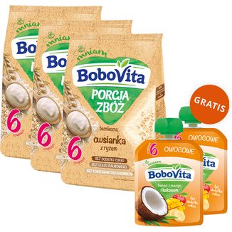 Zestaw BoboVita Porcja Zbóż Owsianka z ryżem, bezmleczna, bez dodatku cukru, po 6 miesiącu, 3 x 170 g + mus w tubce, banan z mango i kokosem, 2 x 80 g gratis - zdjęcie produktu