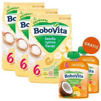 Zestaw BoboVita Kaszka ryżowa, banan, bezmleczna, bezglutenowa, po 6 miesiącu, 3 x 180 g + mus w tubce, banan z mango i kokosem, 2 x 80 g gratis - zdjęcie produktu