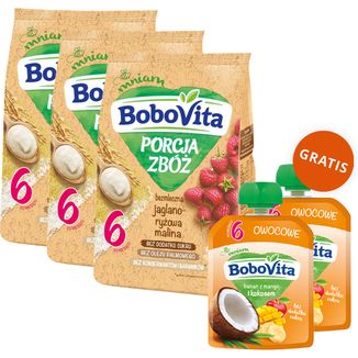 Zestaw BoboVita Porcja Zbóż Kaszka jaglano-ryżowa, malina, bezmleczna, bez dodatku cukru, po 6 miesiącu, 3 x 170 g + mus w tubce, banan z mango i kokosem, 2 x 80 g gratis - zdjęcie produktu