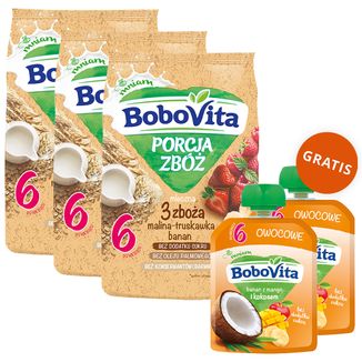 Zestaw BoboVita Porcja Zbóż Kaszka 3 zboża, malina, truskawka, banan, mleczna, bez dodatku cukru, po 6 miesiącu, 3 x 210 g + mus w tubce, banan z mango i kokosem, 2 x 80 g gratis - zdjęcie produktu