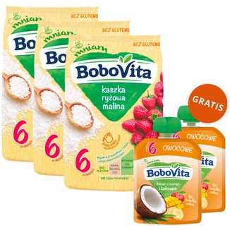 Zestaw BoboVita Kaszka ryżowa, malina, bezmleczna, bezglutenowa, po 6 miesiącu, 3 x 180 g + mus w tubce, banan z mango i kokosem, 2 x 80 g gratis - zdjęcie produktu