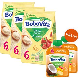 Zestaw BoboVita Kaszka manna, 3 owoce, bezmleczna, po 6 miesiącu, 3 x 180 g + mus w tubce, banan z mango i kokosem, 2 x 80 g gratis - zdjęcie produktu