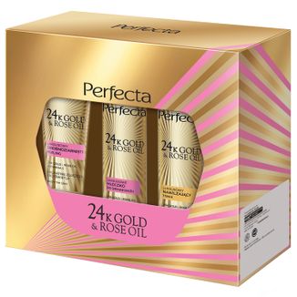 Zestaw Perfecta 24K Gold & Rose Oil, peeling, 75 ml + mleczko do demakijażu, 200 ml + tonik, 200 ml - zdjęcie produktu