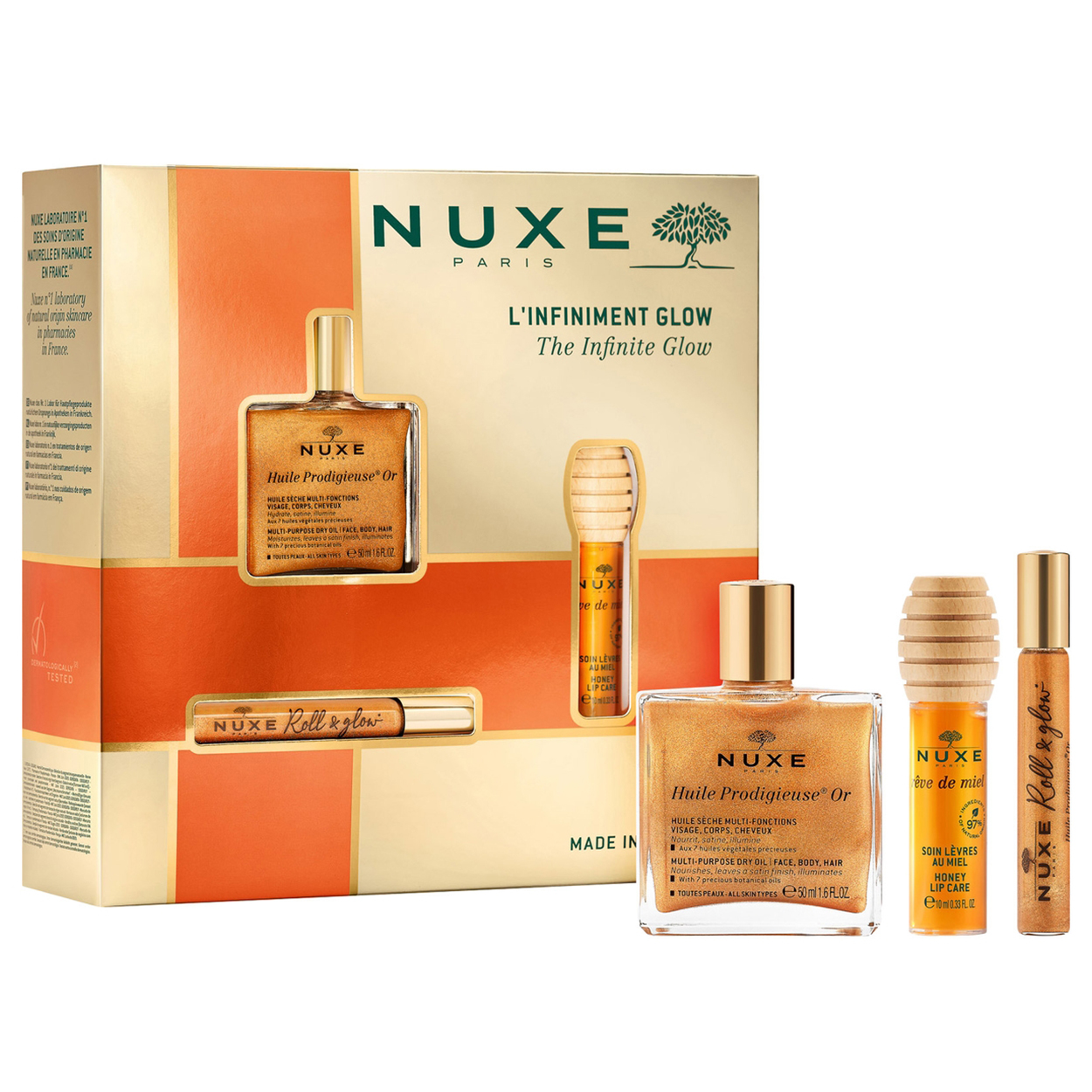 Nieznana Set Nuxe Glow Huile Prodigieuse Or, Öl roll-on, 8 ml + Öl für die Lippen, 10 ml + trocken Öl, 50 ml — Inhaltsstoffe und Bewertung