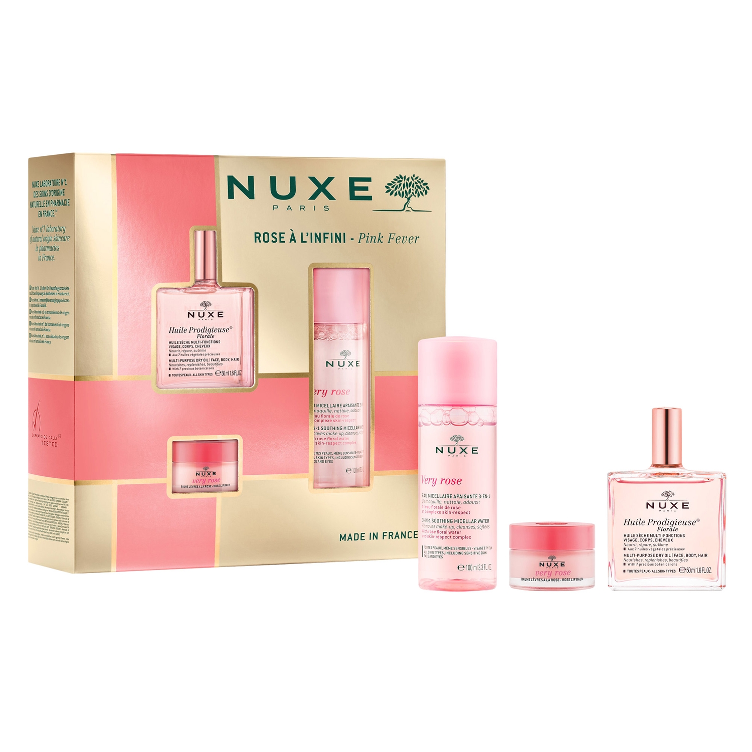 Nieznana Zestaw Nuxe Bestsellery Huile Prodigieuse Florale, suchy olejek, 50 ml + łagodząca woda micelarna 3w1, 100 ml + różany balsam do ust, 15 g