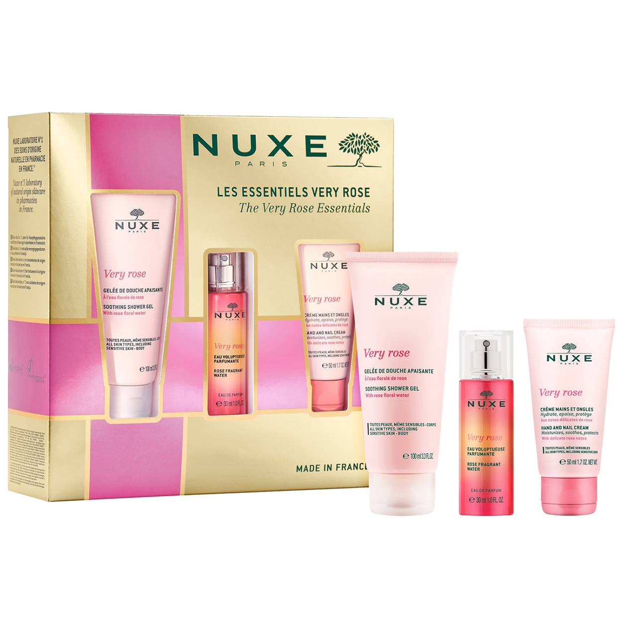 Nieznana Zestaw Nuxe Very Rose, krem do rąk i paznokci, 50 ml + żel pod prysznic, 100 ml + różana woda perfumowana, 30 ml