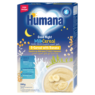 Humana Kaszka na dobranoc 5 zbóż z bananem, mleczna, bez dodatku cukru, po 6 miesiącu, 200 g USZKODZONE OPAKOWANIE - zdjęcie produktu