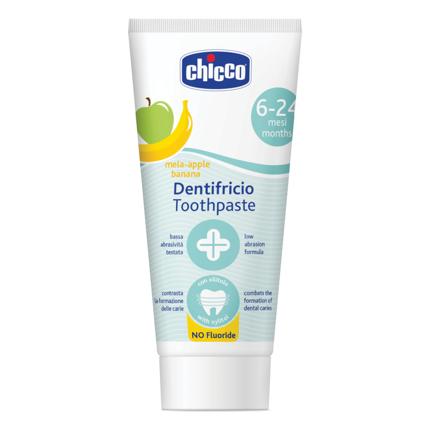 Chicco Chicco, pasta do zębów dla dzieci, po 6 miesiącu, smak jabłkowo-bananowy, bez fluoru, 50 ml — Inhaltsstoffe und Bewertung