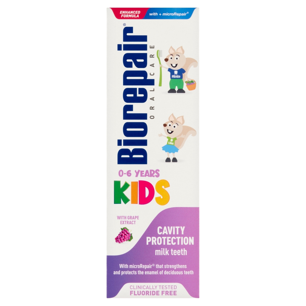 Biorepair Biorepair Junior Kids, pasta do zębów mlecznych dla dzieci, 0-6 lat, winogrona, bez fluoru, 50 ml