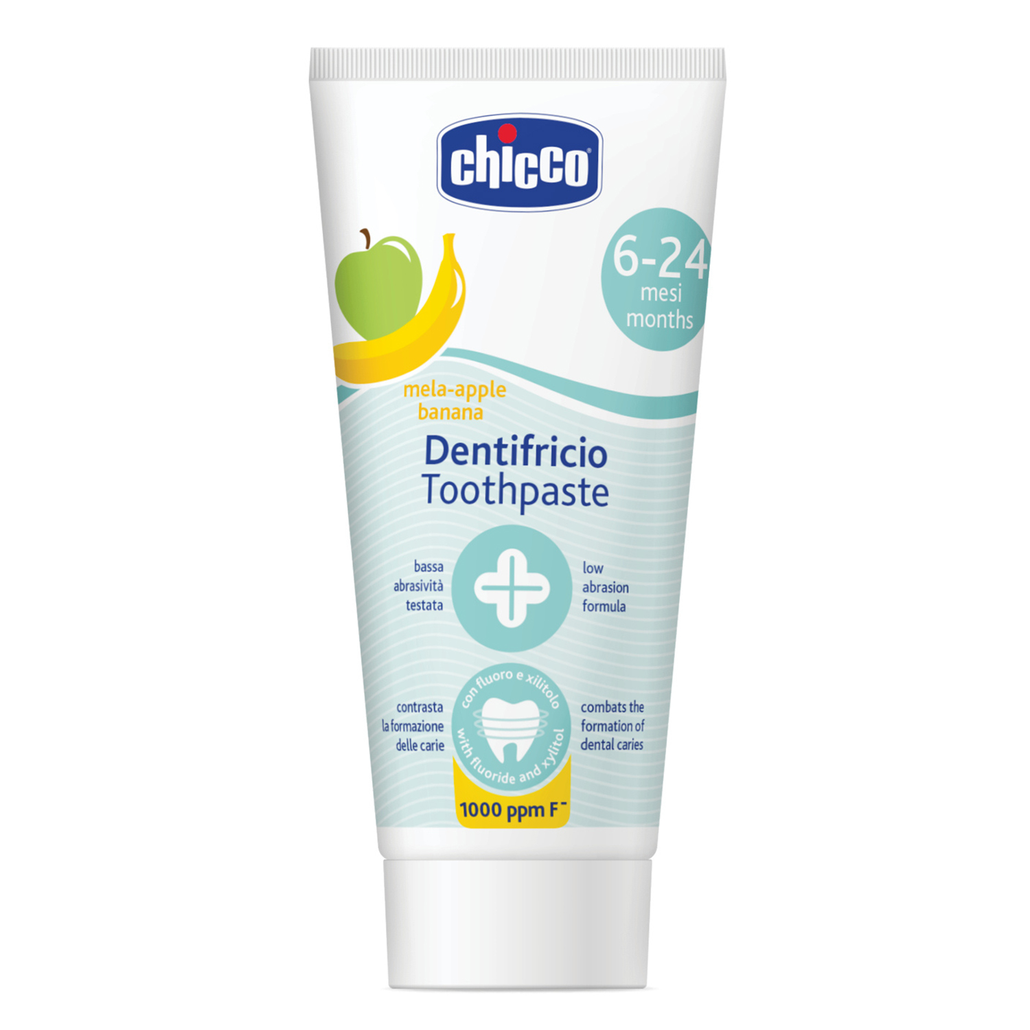 Chicco Chicco, pasta do zębów dla dzieci, po 6 miesiącu, smak jabłkowo-bananowy, z fluorem, 50 ml — Składniki i ocena
