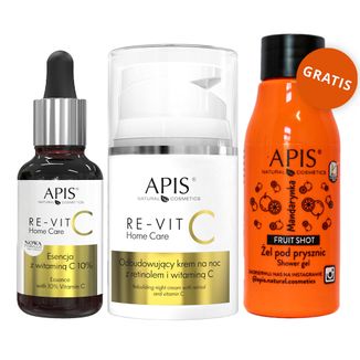 Zestaw Apis Re-Vit C Home Care, odbudowujący krem z retinolem i witaminą C, na noc, 50 ml + esencja z witaminą C 10%, 30 ml + mandarynkowy żel pod prysznic, 50 ml gratis - zdjęcie produktu