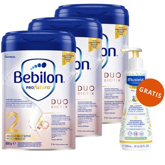 Zestaw Bebilon Profutura DuoBiotik 2, mleko następne, po 6 miesiącu, 3 x 800 g + Mustela Bebe Enfant, odżywczy żel do mycia, 300 ml gratis - zdjęcie produktu