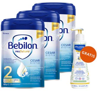 Zestaw Bebilon Profutura CesarBiotik 2, mleko następne, po 6 miesiącu, 3 x 800 g + Mustela Bebe Enfant, odżywczy żel do mycia, 300 ml gratis - zdjęcie produktu