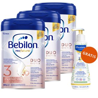 Zestaw Bebilon Profutura DuoBiotik 3, odżywcza formuła na bazie mleka, po 1 roku, 3 x 800 g + Mustela Bebe Enfant, odżywczy żel do mycia, 300 ml gratis - zdjęcie produktu