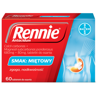 Rennie Antacidum 680 mg + 80 mg, smak miętowy, 60 tabletek do ssania - zdjęcie produktu