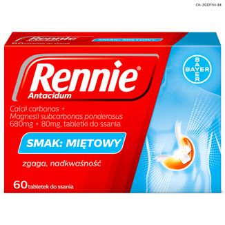 Rennie Antacidum 680 mg + 80 mg, smak miętowy, 60 tabletek do ssania - zdjęcie produktu