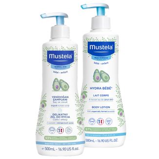 Zestaw Mustela Bebe Enfant, żel do mycia ciała, od 1 dnia życia, 500 ml + mleczko do ciała od 1 dnia życia, 500 ml za 1 grosz - zdjęcie produktu