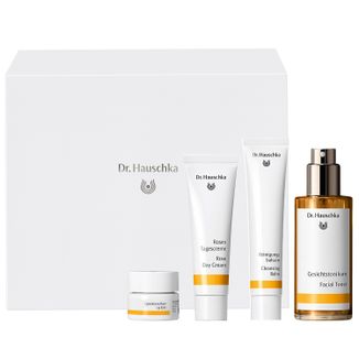 Zestaw Dr. Hauschka Beautiful Face, tonik odświeżający, 100 ml + krem z róży na dzień, 30 ml + balsam do mycia twarzy, 75 ml + balsam do ust w słoiczku, 4,5 ml - zdjęcie produktu