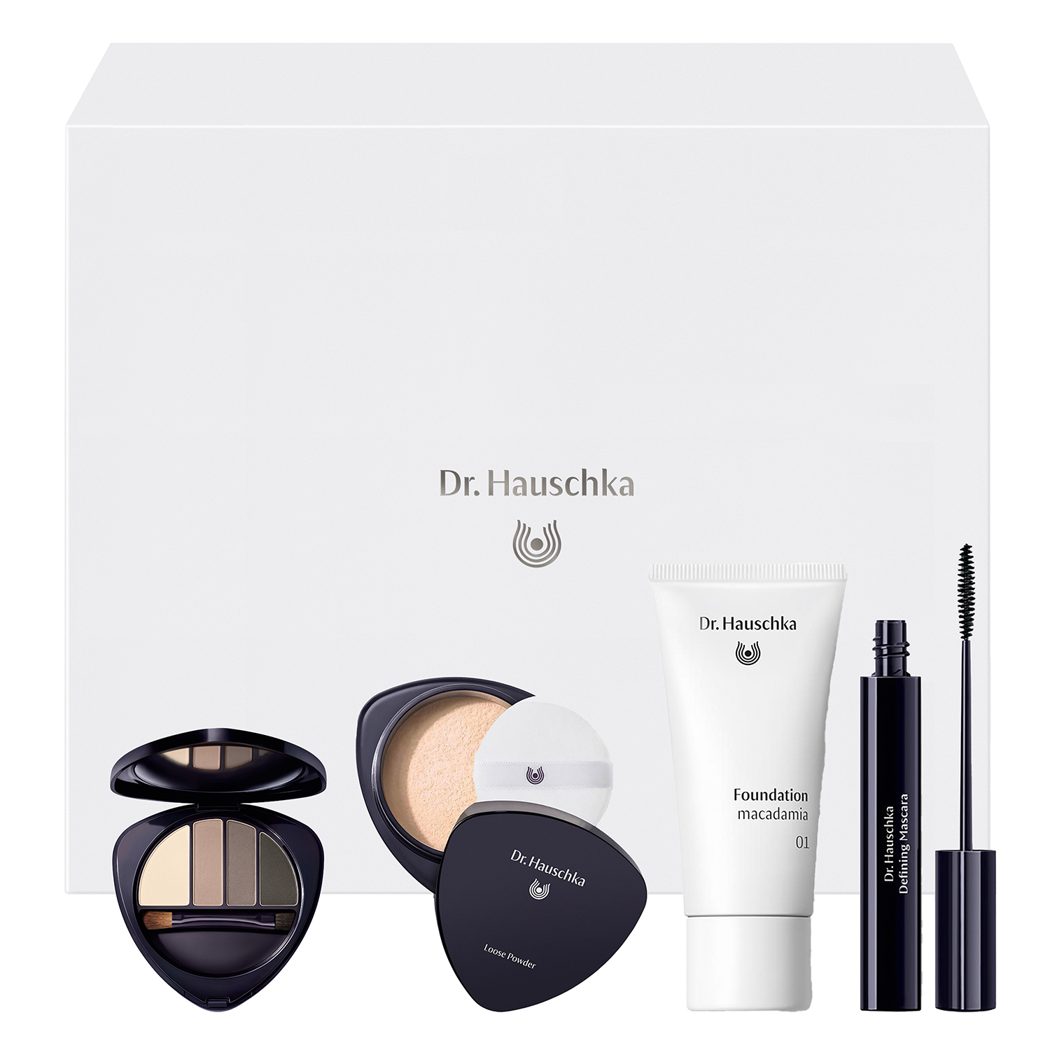 Dr. Hauschka Zestaw Dr. Hauschka Every day beauty, paleta cieni do powiek i brwi, 5,3 g + podkład do twarzy, 30 ml +  puder sypki transparentny, 12 g + tusz do rzęs czarny, 6 ml — Składniki i ocena